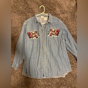Bobbie Brooks Embroidered Denim Shirt Women’s Plus 22W/24W Holiday Snowman
